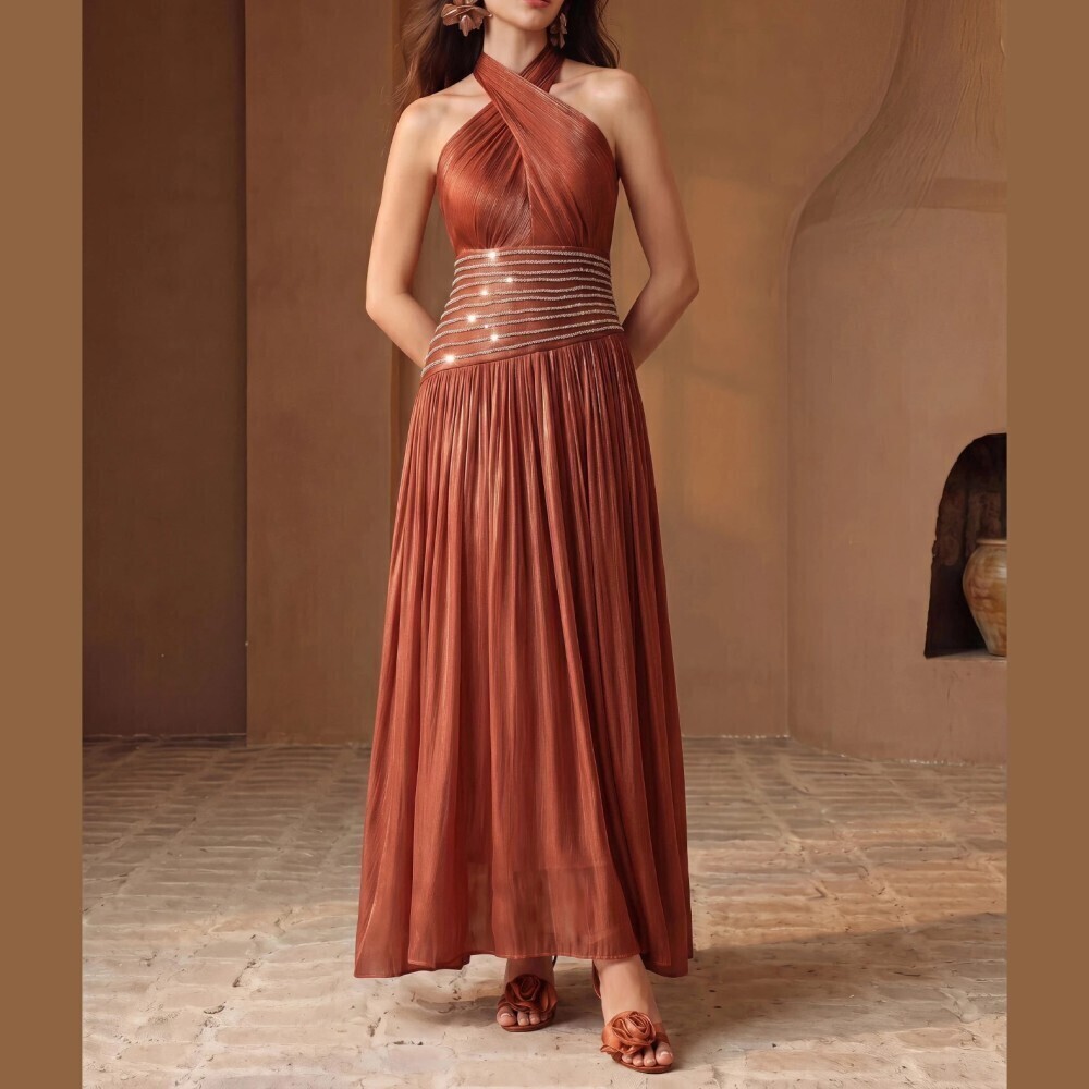 Rust Orange Organza Halter Rhinestone Striped Waist Maxi Dress